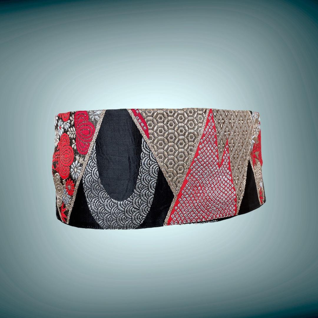 煌めき最強 黒赤金刺繍 W65〜95cm 帯ベルト 着物リメイク J80102