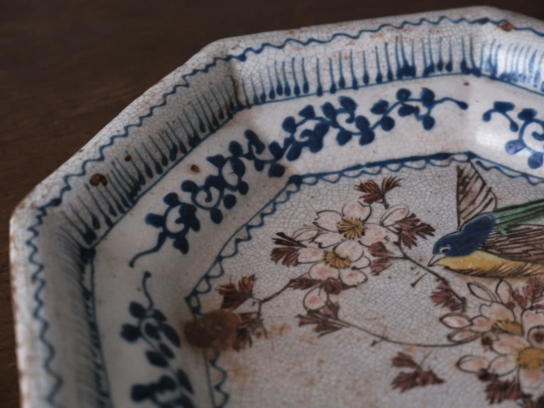 道八　阿蘭陀写し　八角菓子　江戸時代　オランダ風　皿　菓子器　箱付　Q1755