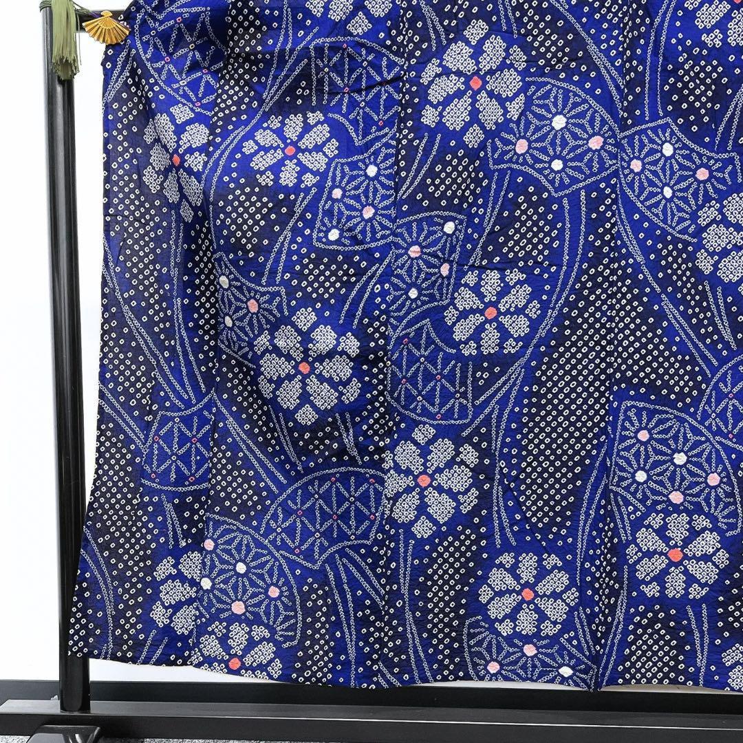 浴衣　有松鳴海絞り　扇　麻の葉　絞り花　着物　054w p