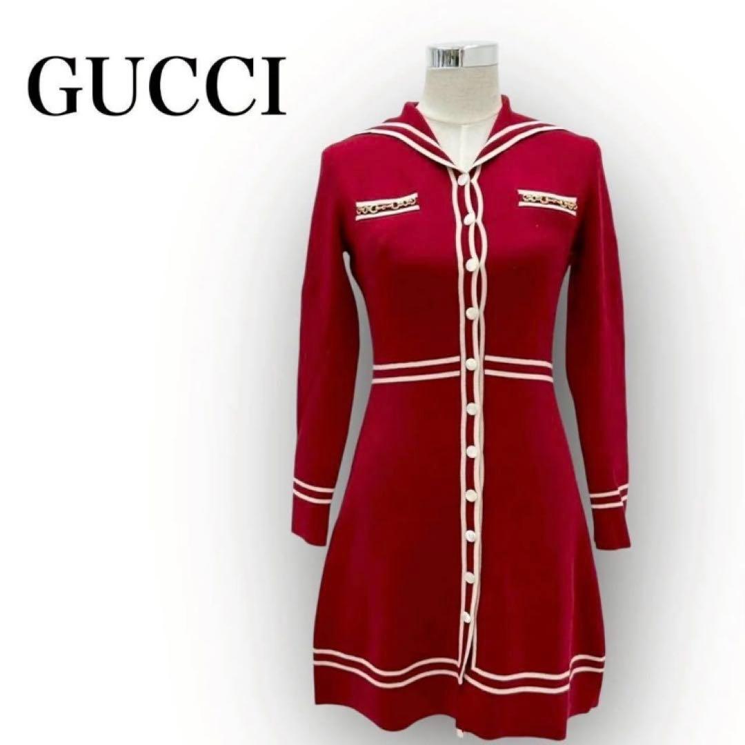 GUCCIワンピース コントラストトリム ウール ドレス XS 赤 白 長袖