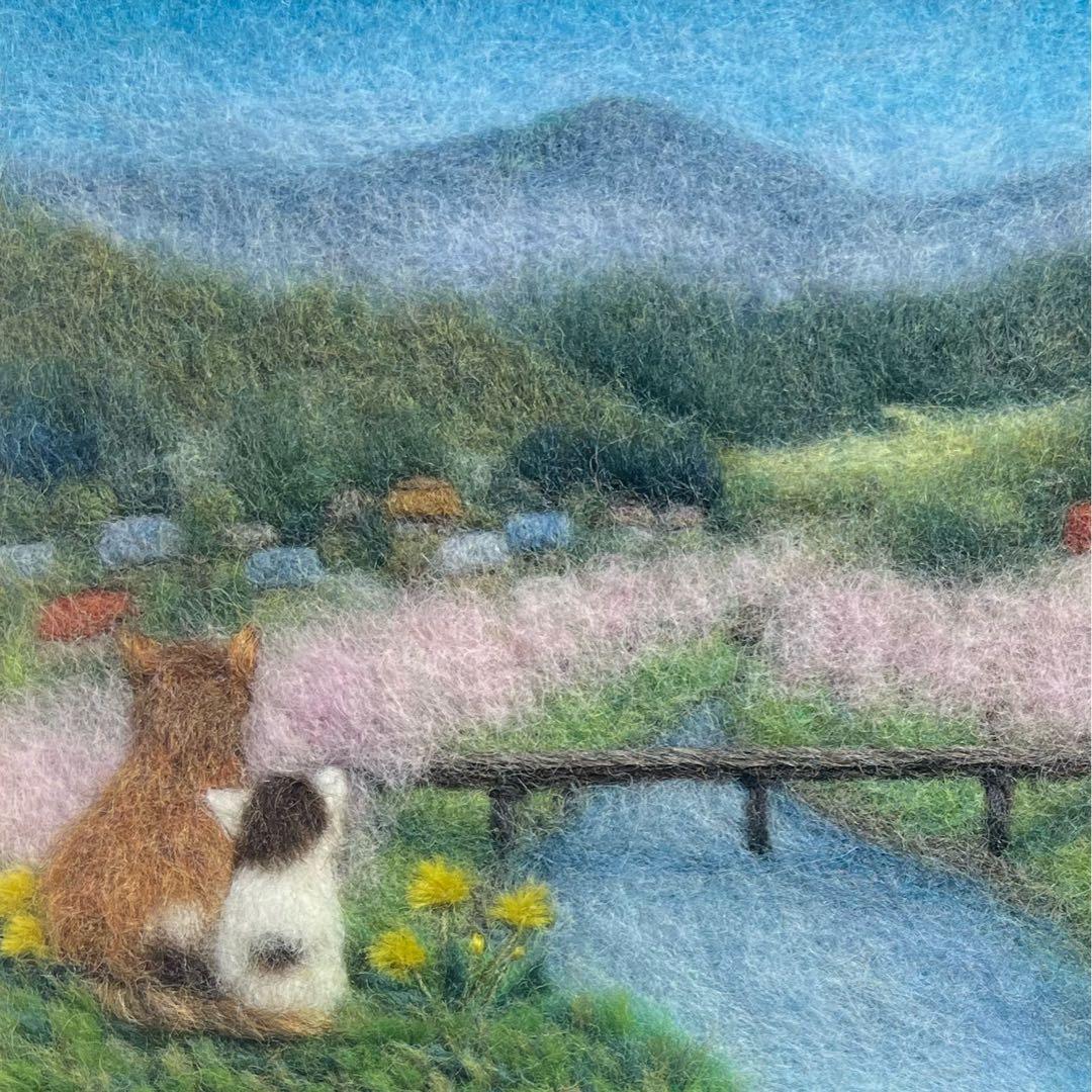 く*ん様 【BOXフレーム付き】羊毛絵画　『桜咲く春の里山』ハンドメイド　ウール