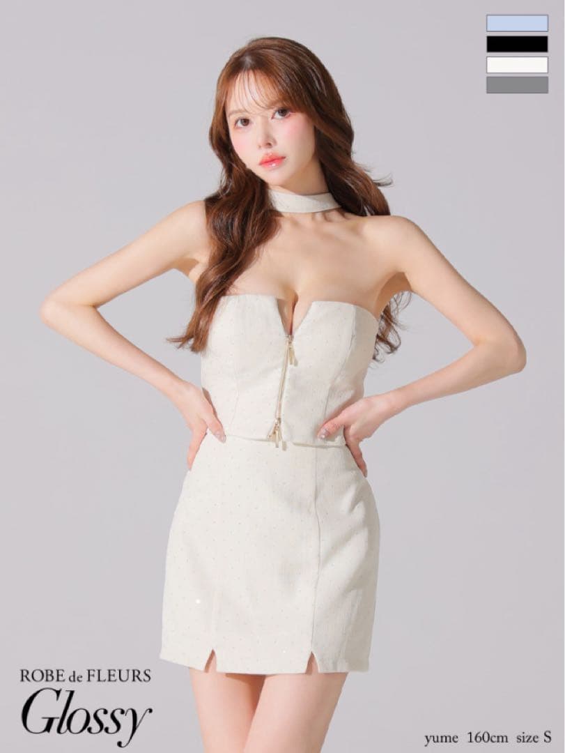 ROBE de FLEURS グロッシーホワイトミニドレス S