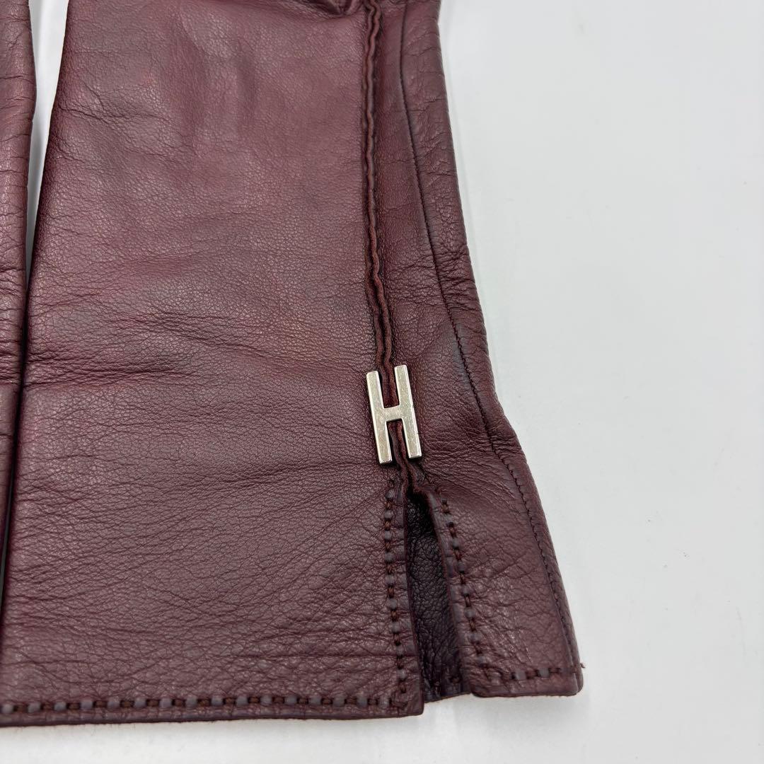 HERMES エルメス Hロゴモチーフ レザー グローブ 革手袋　ボルドー