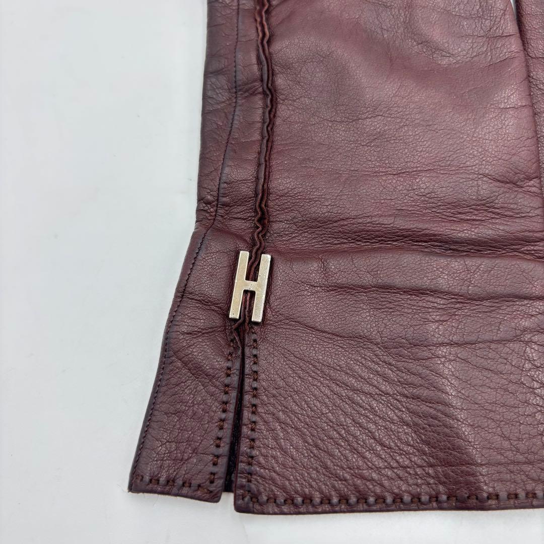 HERMES エルメス Hロゴモチーフ レザー グローブ 革手袋　ボルドー