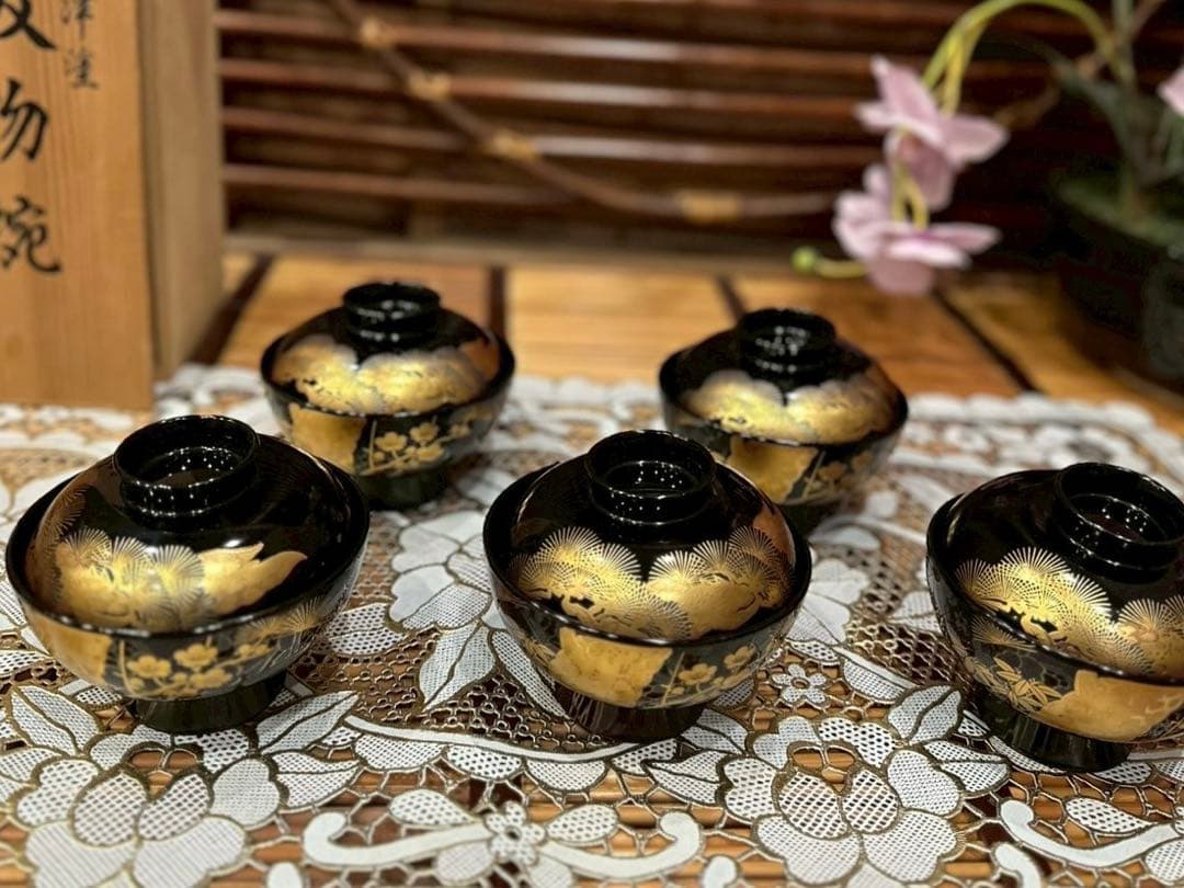 未使用 最高級 特選漆器 会津塗 吸物椀 セット 金彩 松竹梅