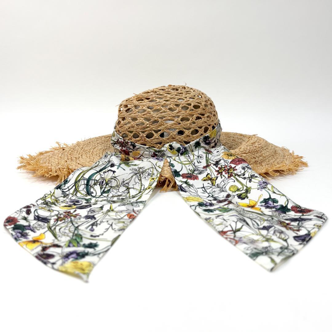美品 GUCCI ラフィアハット フローラ リボン 339074 L 麦わら帽子
