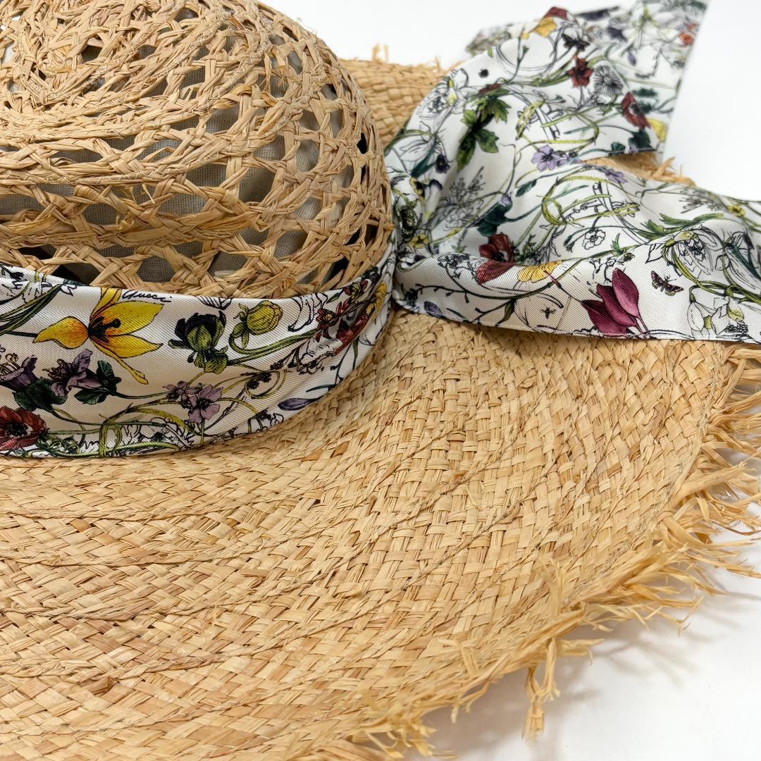 美品 GUCCI ラフィアハット フローラ リボン 339074 L 麦わら帽子