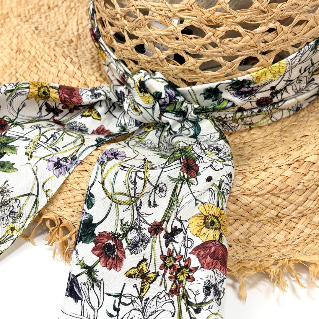 美品 GUCCI ラフィアハット フローラ リボン 339074 L 麦わら帽子