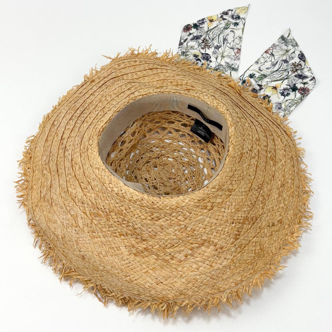美品 GUCCI ラフィアハット フローラ リボン 339074 L 麦わら帽子