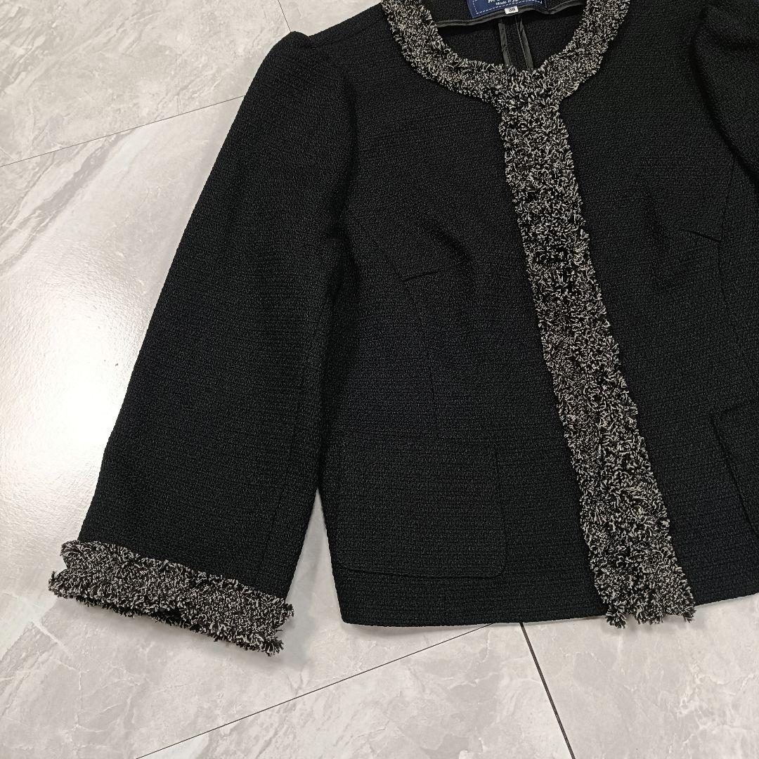 新品】エムズグレイシー ノーカラー ツイードジャケット フリンジ 38 ブラック