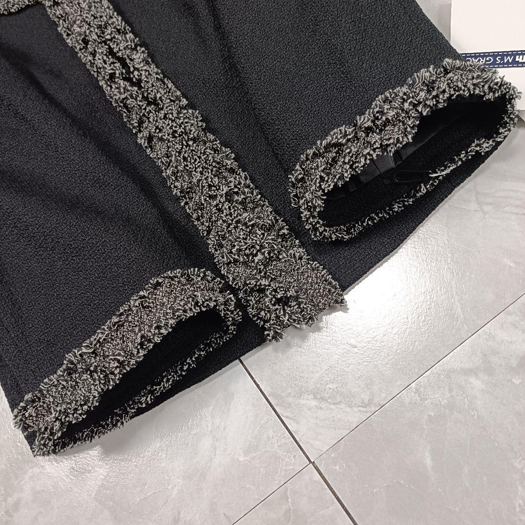 新品】エムズグレイシー ノーカラー ツイードジャケット フリンジ 38 ブラック