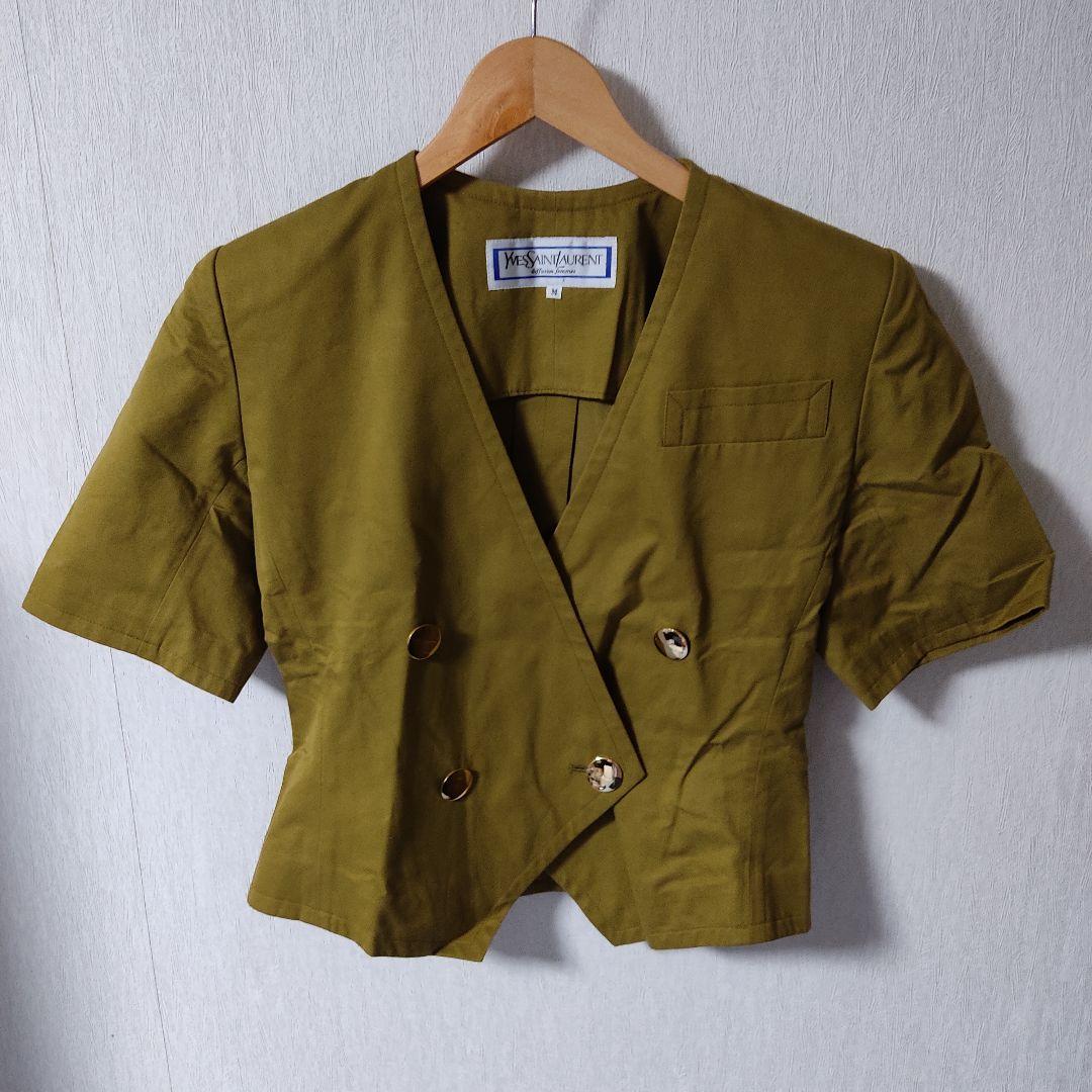 イヴサンローラン スカートスーツ上下 セットアップ 半袖 カーキ 金ボタン