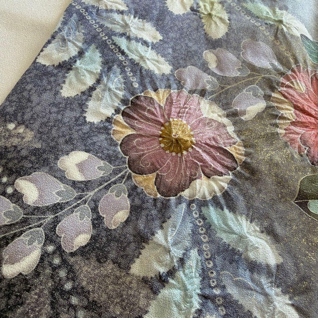 H*す様 ■E5752■正絹■グレイ　ラメ　辻が花絞り　袷　訪問着■丈162裄6