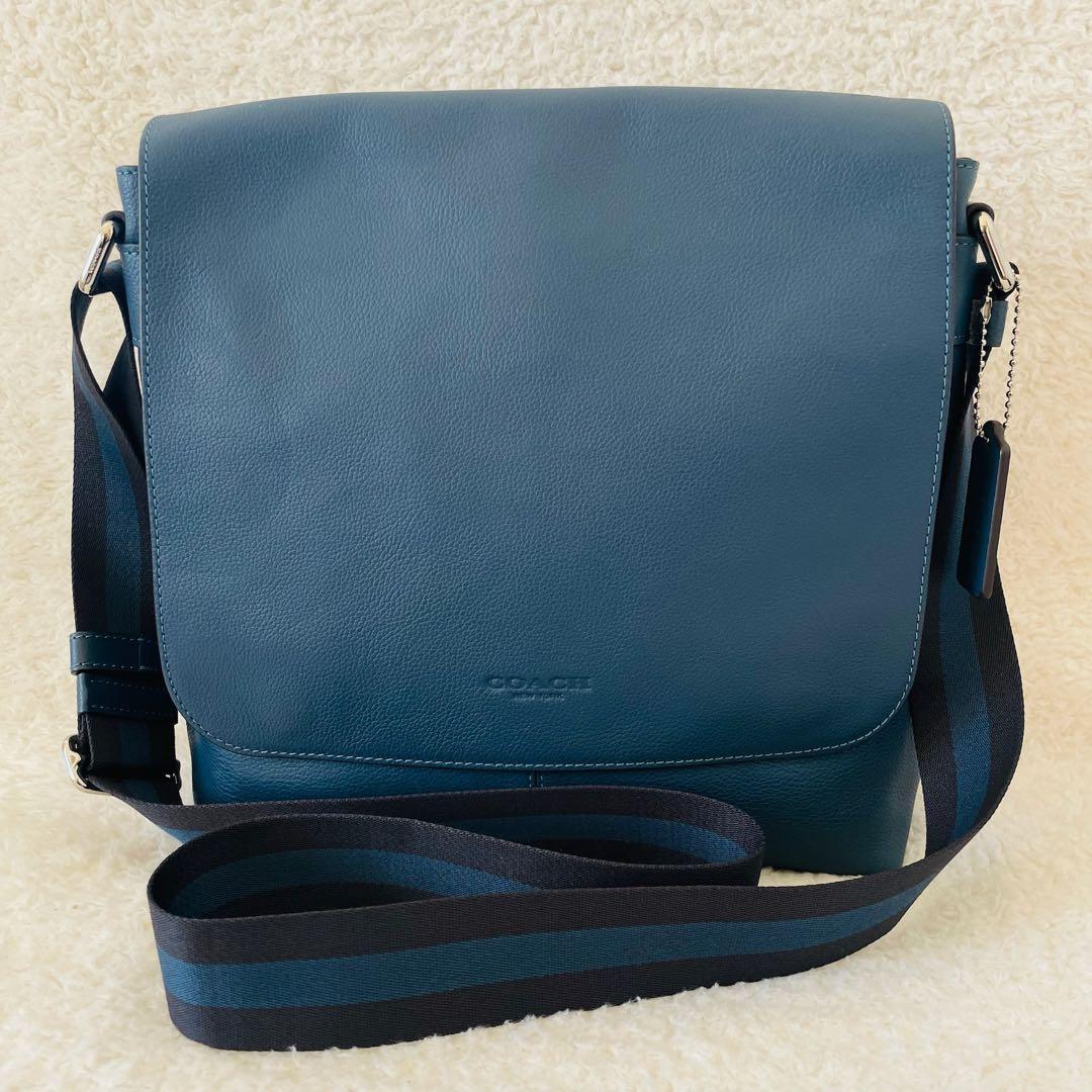 【美品】coach ショルダーバッグ オールレザー くすみブルー 斜め掛け