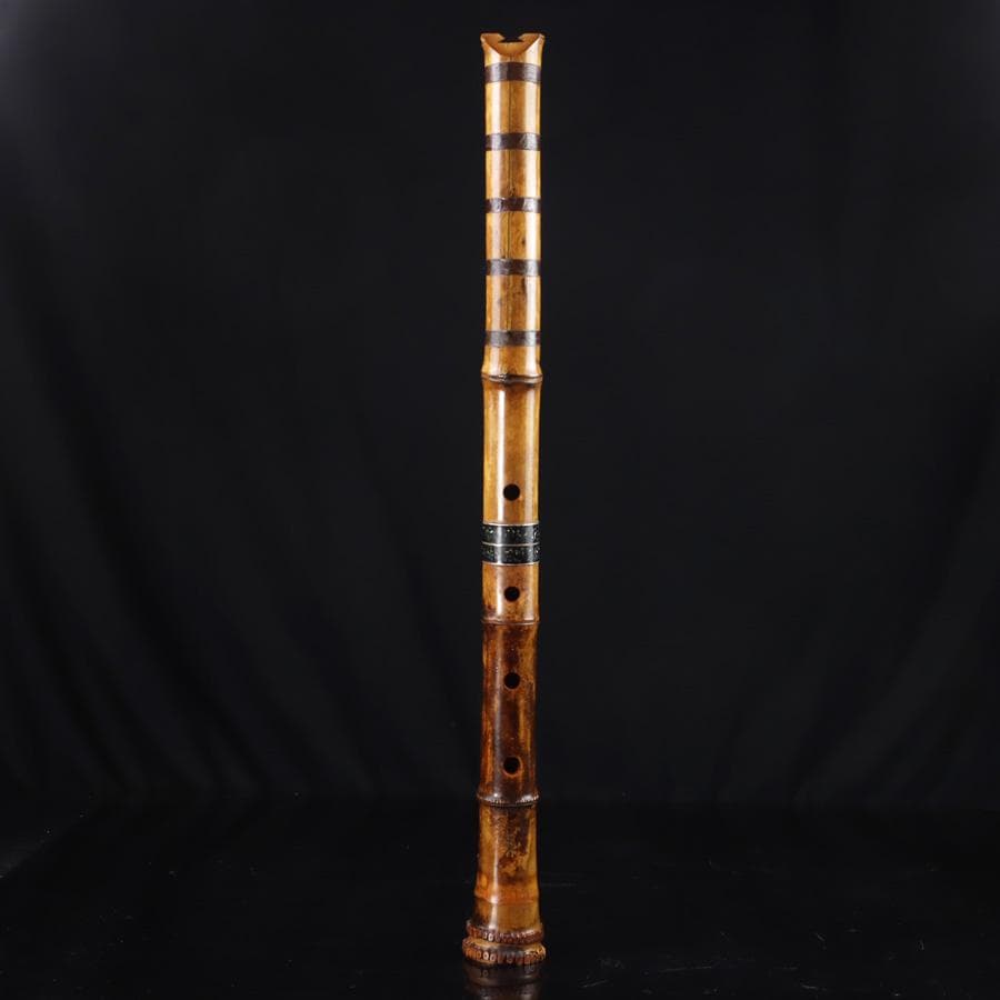 Y3273-5 琴古流 尺八 隆風銘 銀三線 螺鈿細工 全長61.5㎝ 竹製