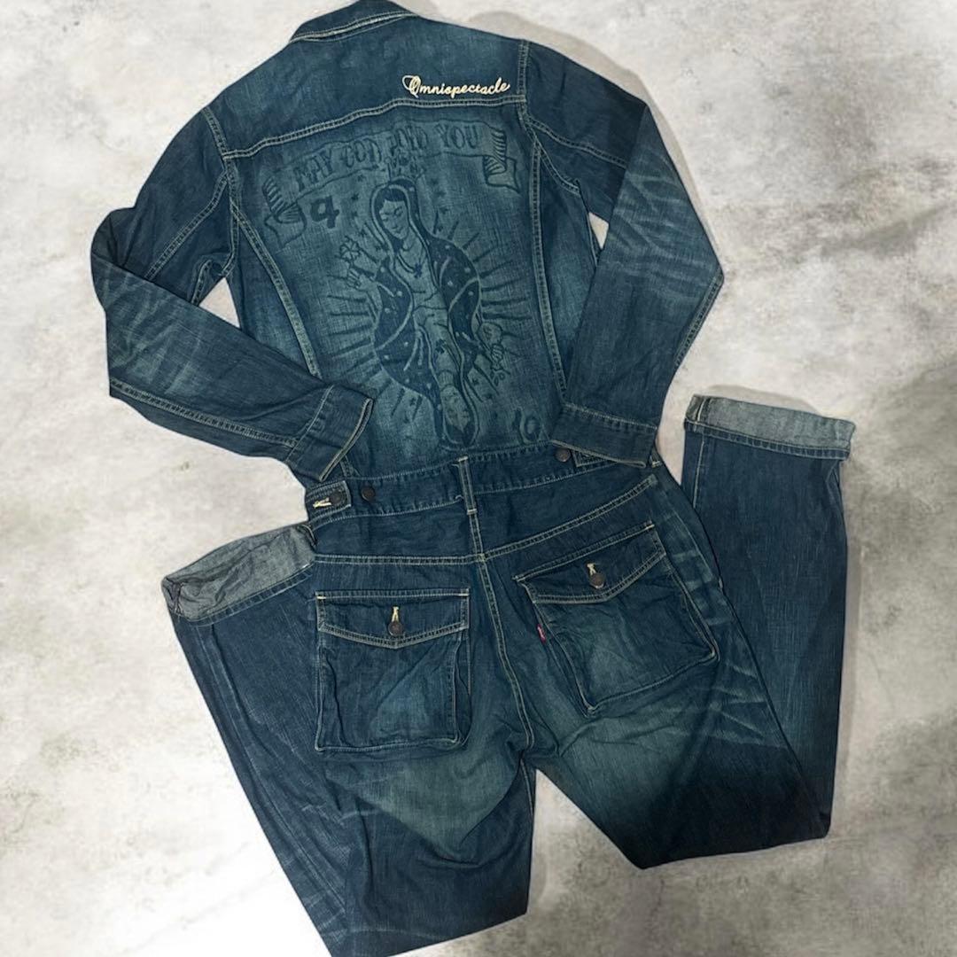 glambグラム デニムつなぎ バックプリント オールインワン ヴィンテージ加工