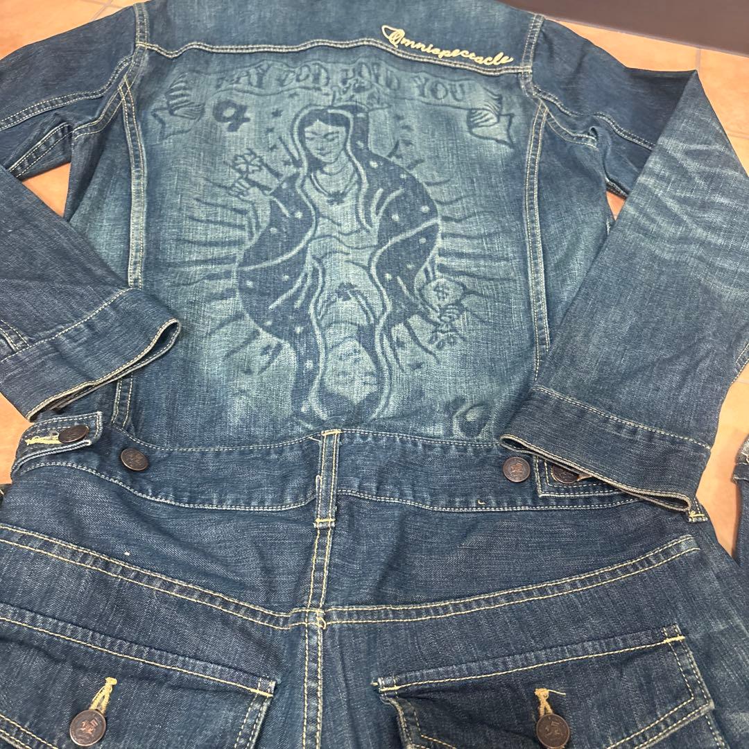 glambグラム デニムつなぎ バックプリント オールインワン ヴィンテージ加工