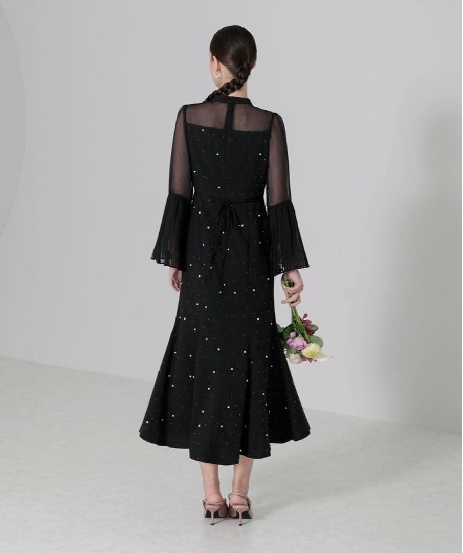 Leja パールビジュー付き透け感プリーツフレアスリーブビーズマーメイドドレス