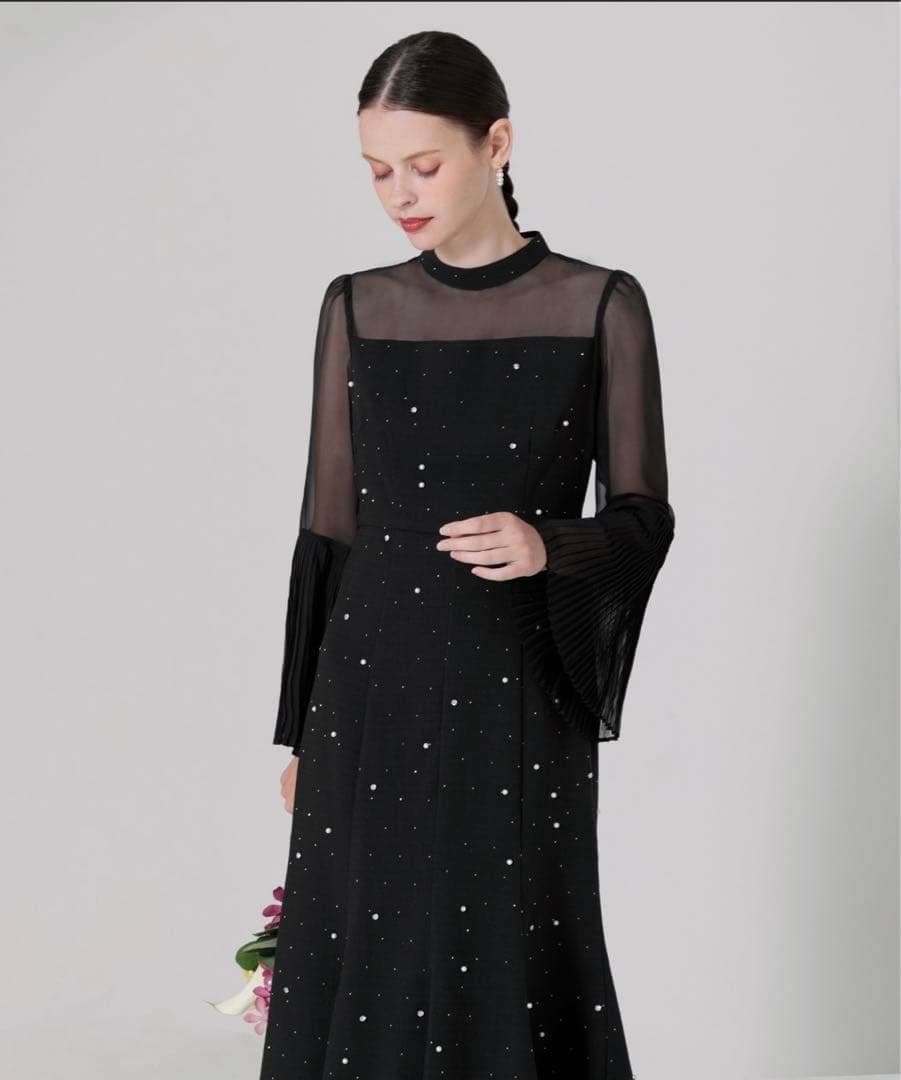 Leja パールビジュー付き透け感プリーツフレアスリーブビーズマーメイドドレス