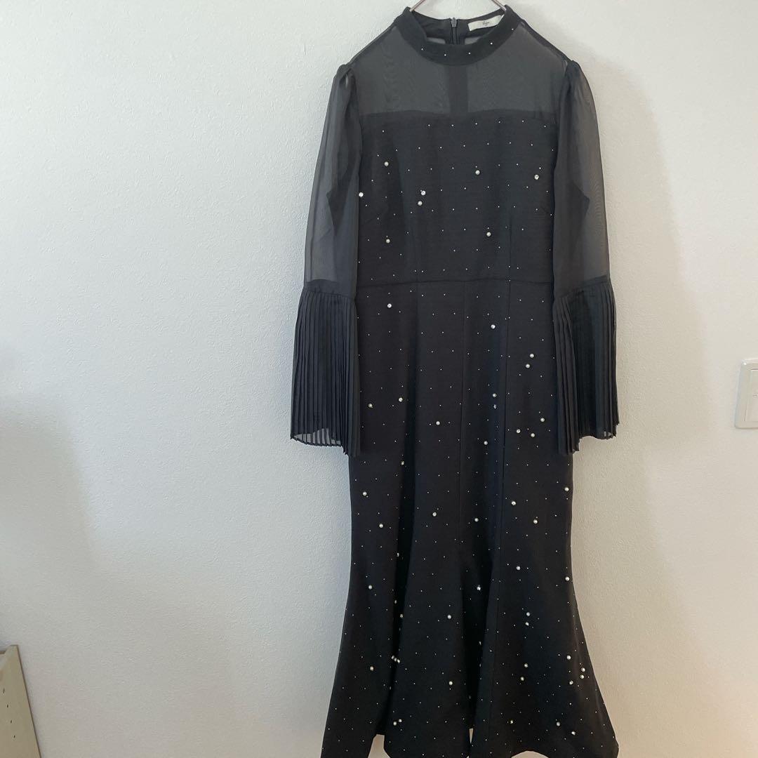 Leja パールビジュー付き透け感プリーツフレアスリーブビーズマーメイドドレス