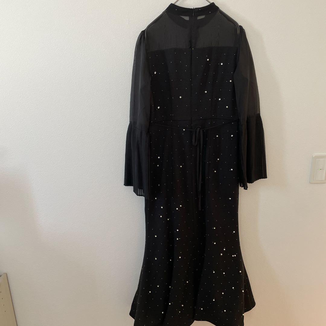 Leja パールビジュー付き透け感プリーツフレアスリーブビーズマーメイドドレス