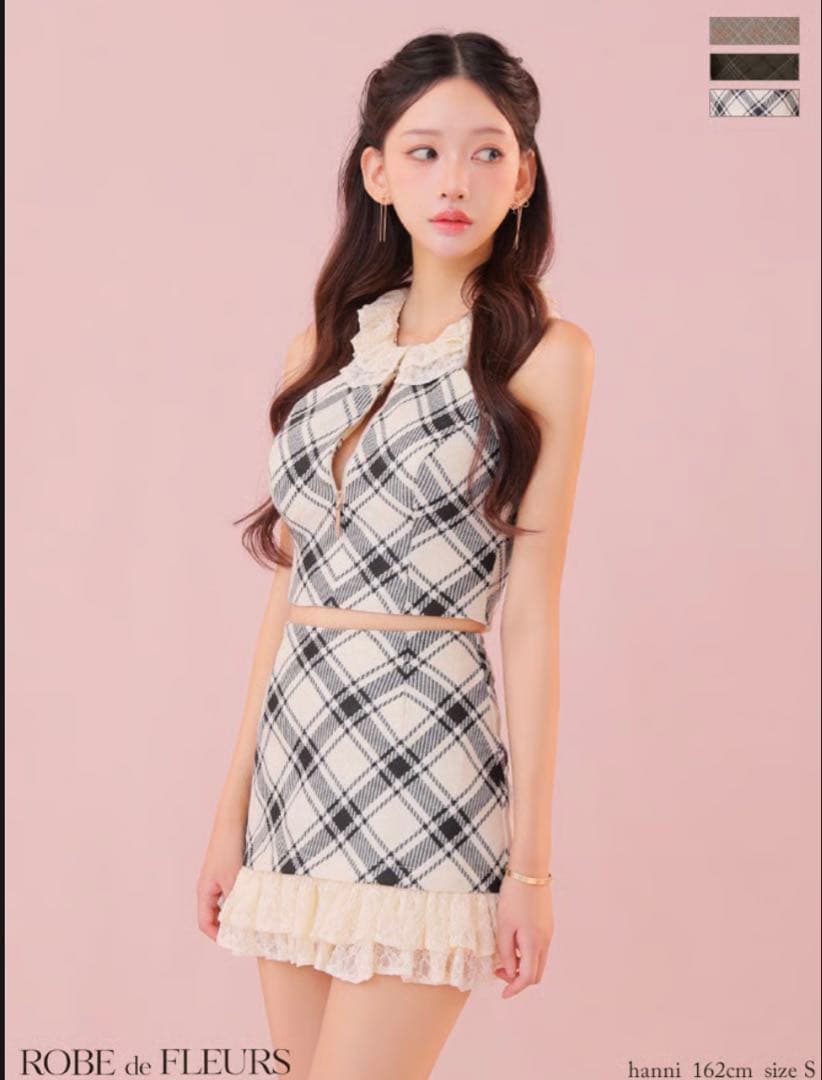 ROBE de FLEURS アイボリー・チェック ミニドレス S