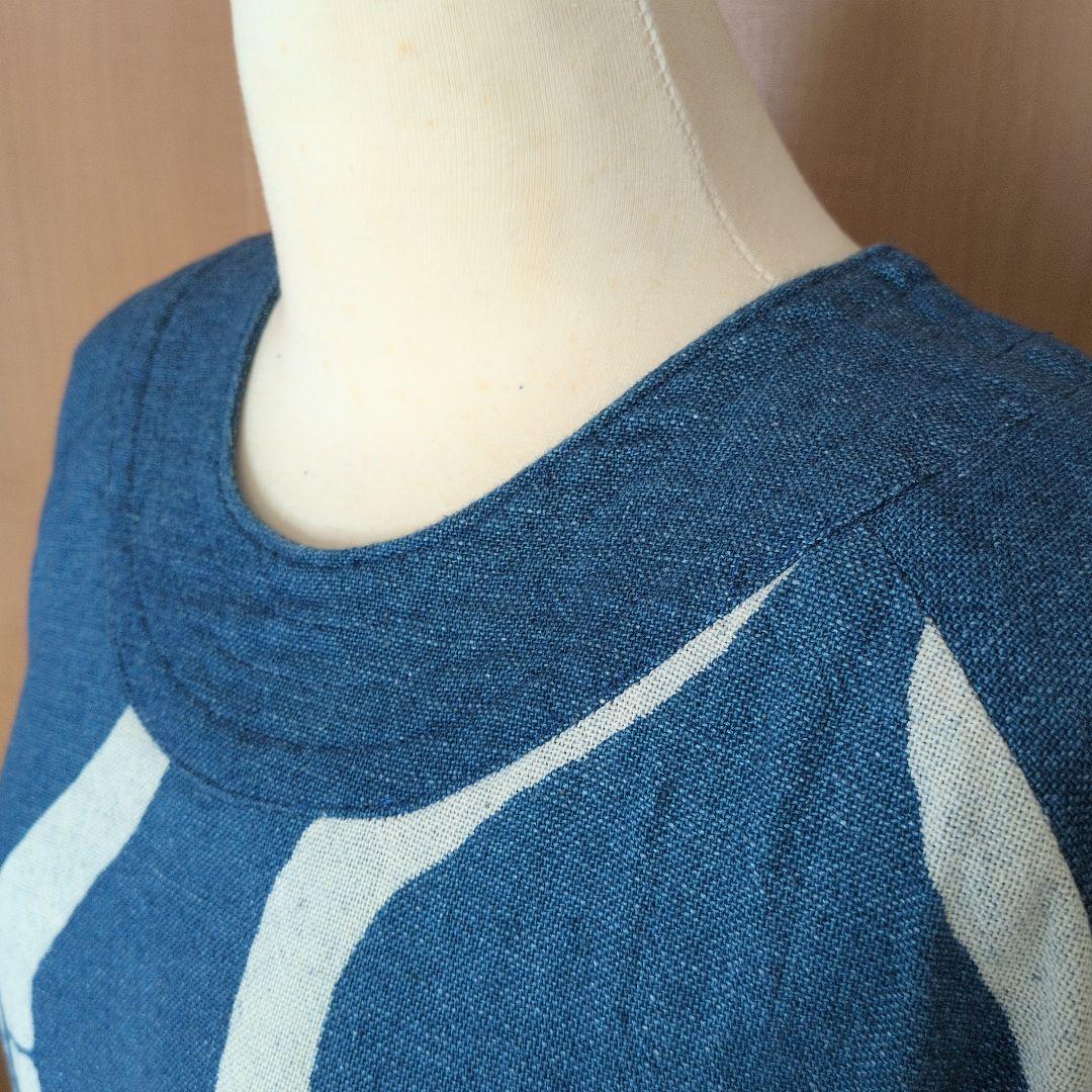 USED 笹倉玄照堂 波模様 五分袖チュニック 青