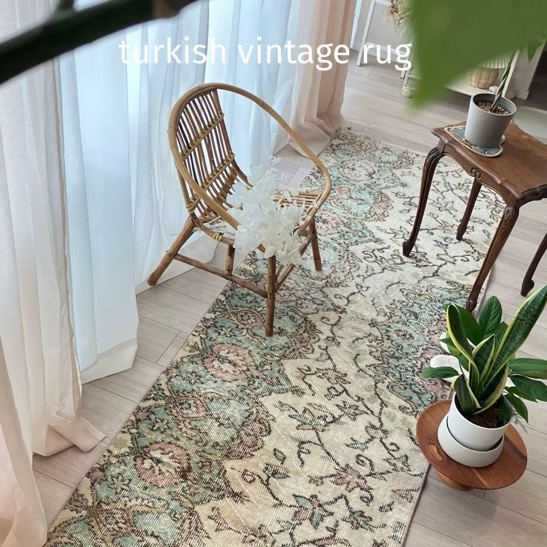 ペパーミントグリーン　ピンクベージュ73×222ランナー　トルコヴィンテージラグ