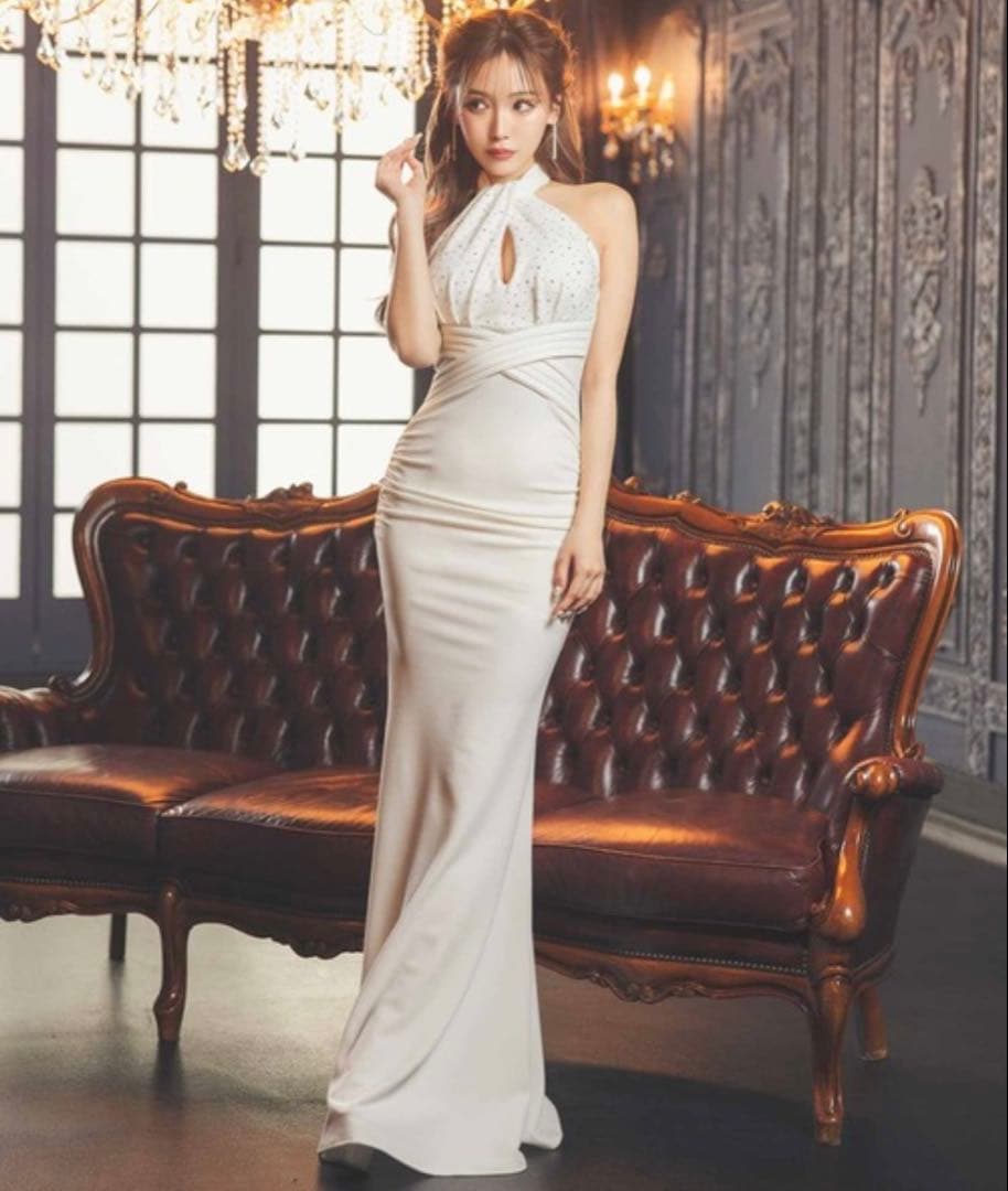 Tikaクロスホルターネックビジューワンカラースリットタイトロングドレス