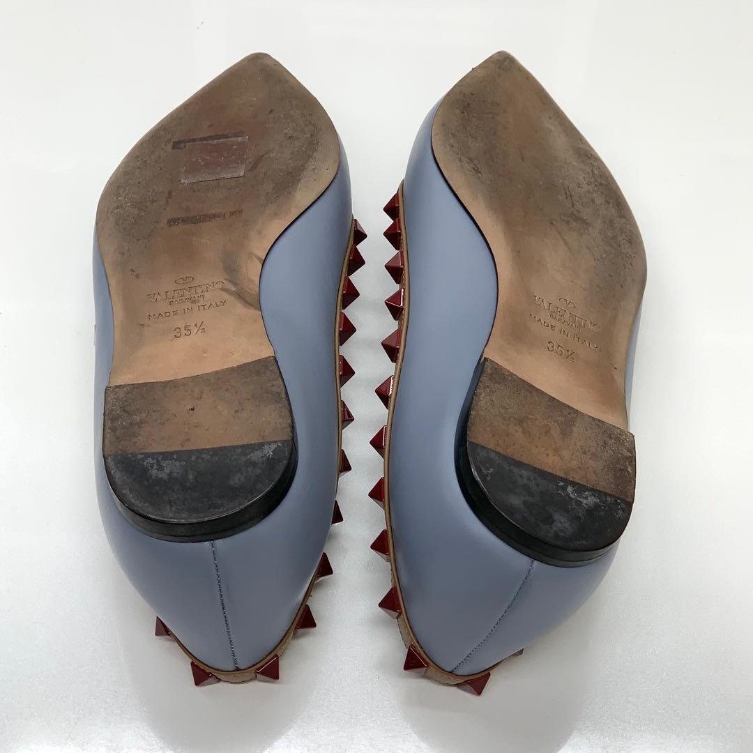 ヴァレンティノ ロックスタッズ レザー フラットパンプス ブルー系