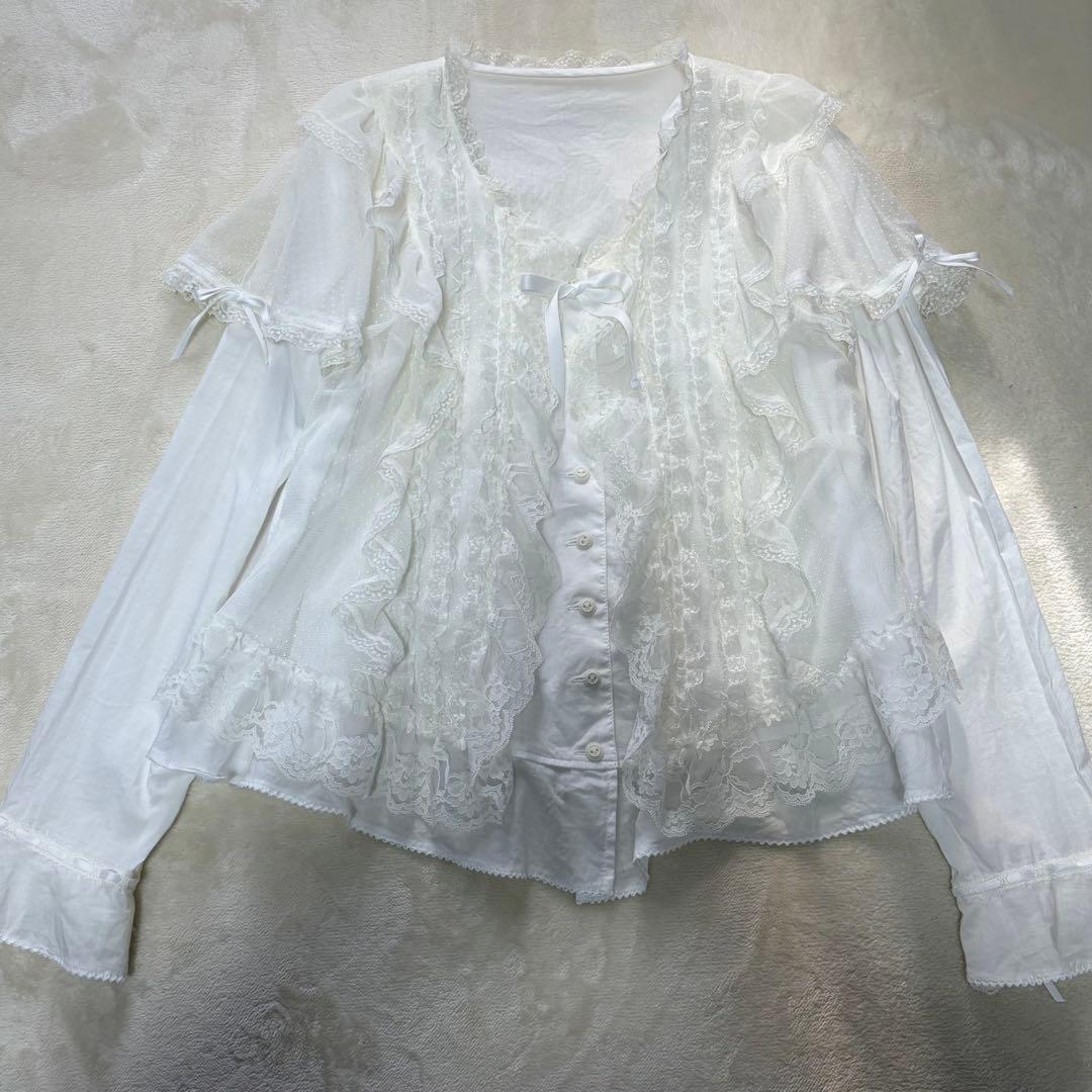 ルイスキャロル　希少　日本製　ドットチュール重ね　ローンフリルブラウスL15