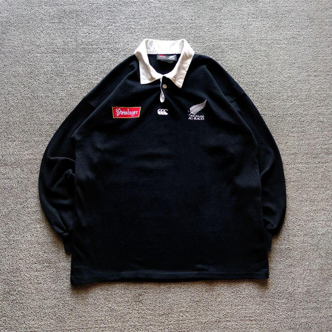 90sカンタベリー長袖ラガーシャツ刺繍オールブラックスニュージーランド製黒L