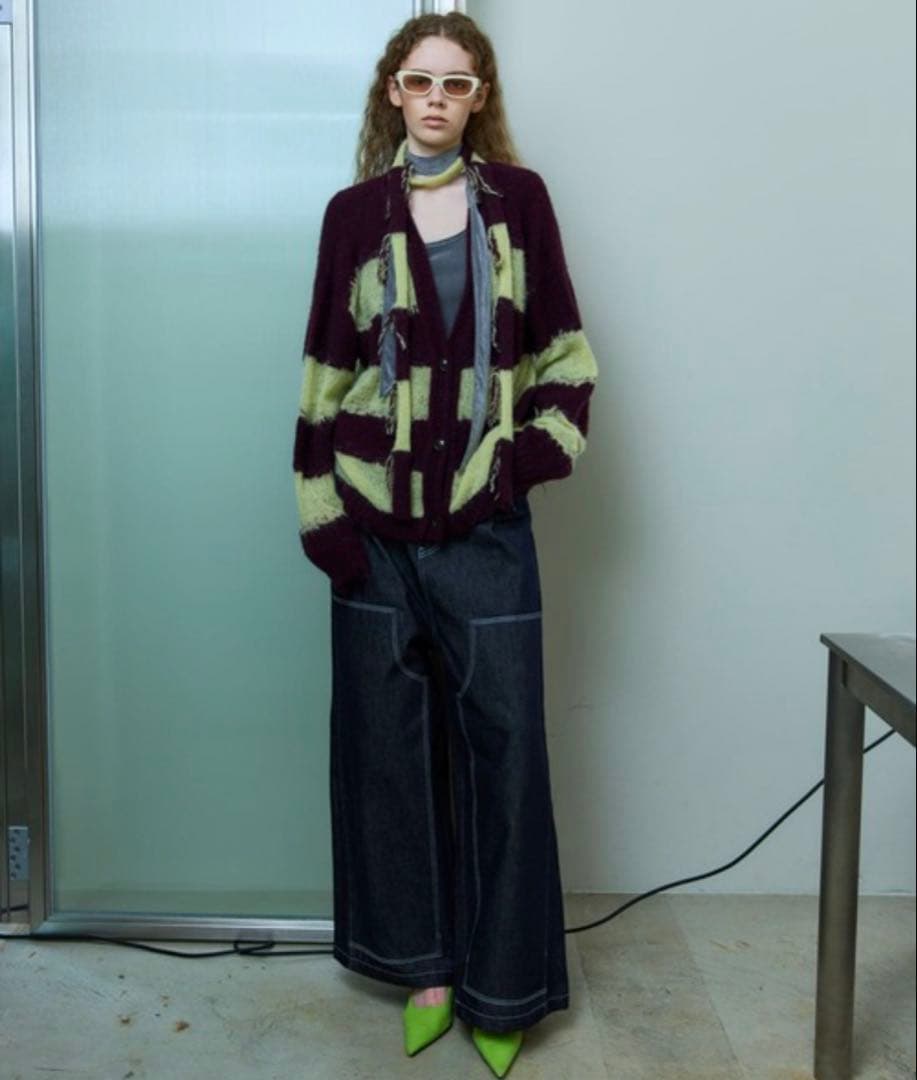 MAISON SPECIAL 　フリンジ付き紫と黄のストライプカーディガン