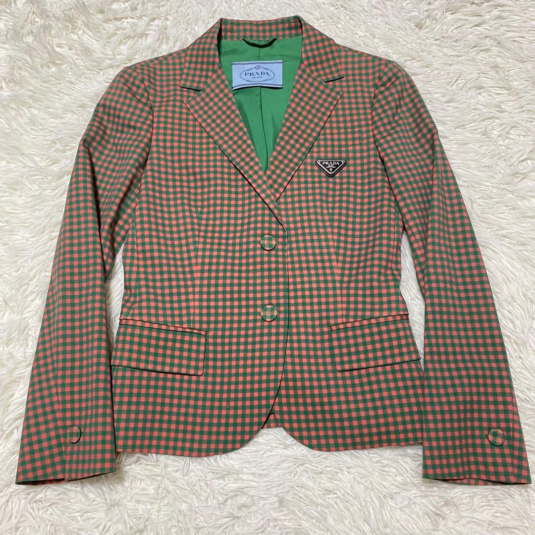 美品 PRADA プラダ テーラードジャケット チェック オレンジ グリーン