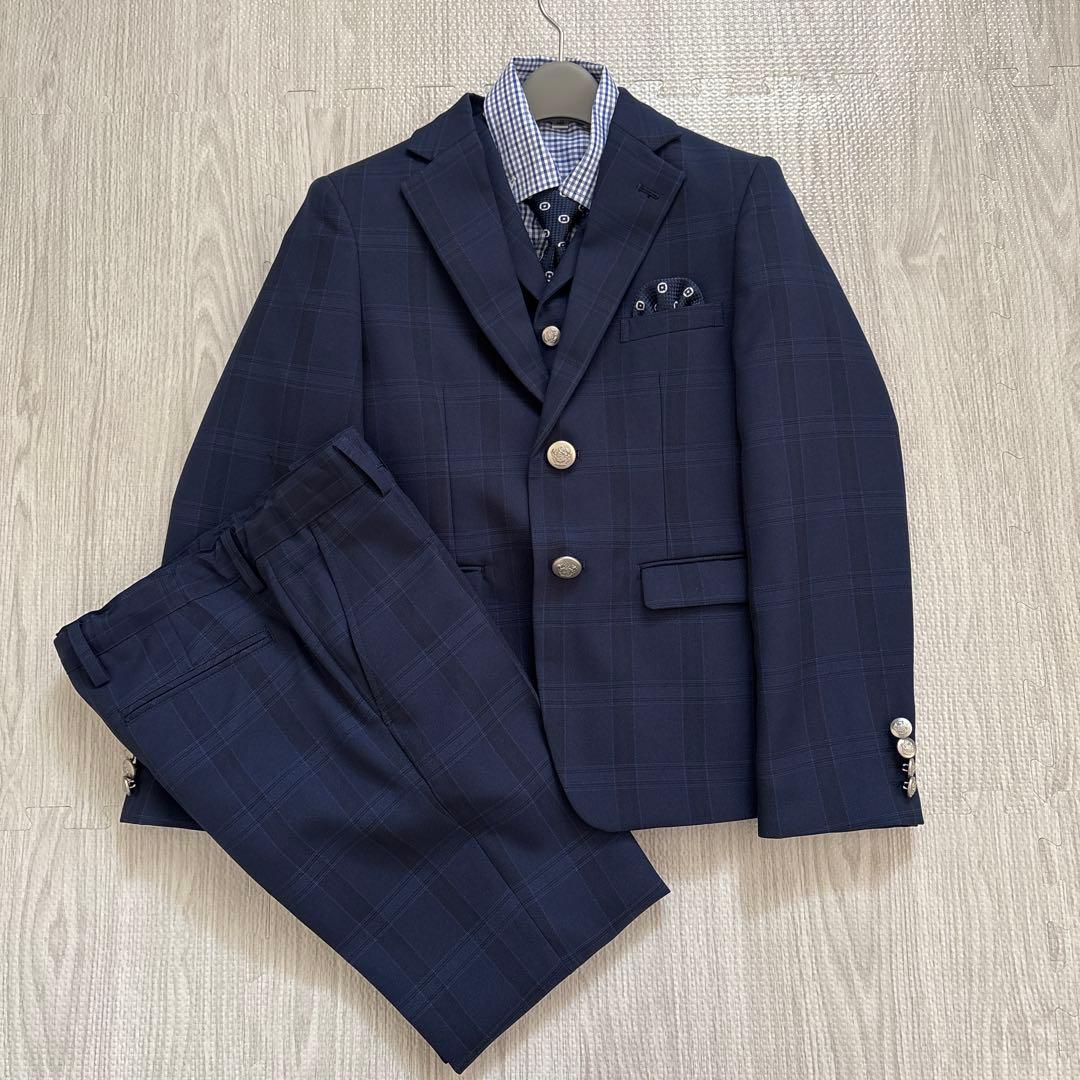 ワンダーファクトリー 140 男の子 スリーピース 5点 セットアップ紺チェック