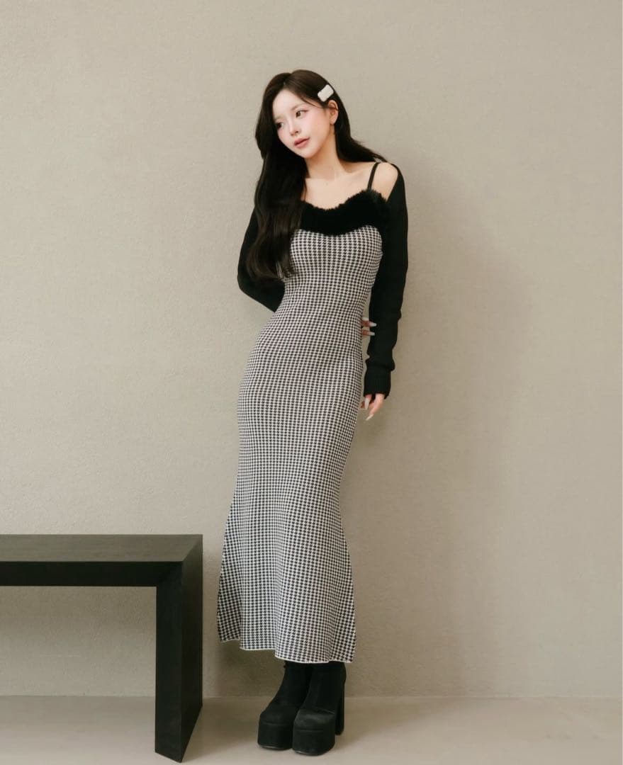 Darich ダーリッチ アンサンブルチェックニットロングワンピース FREE
