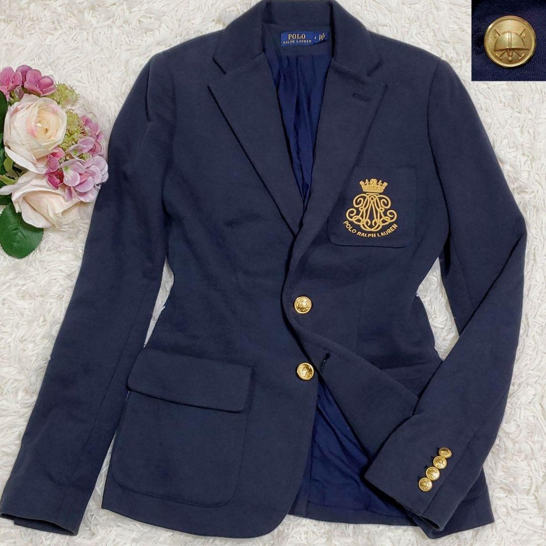 美品 M ポロラルフローレン エンブレム刺繍ワンポイント ブレザー 紺 金ボタン