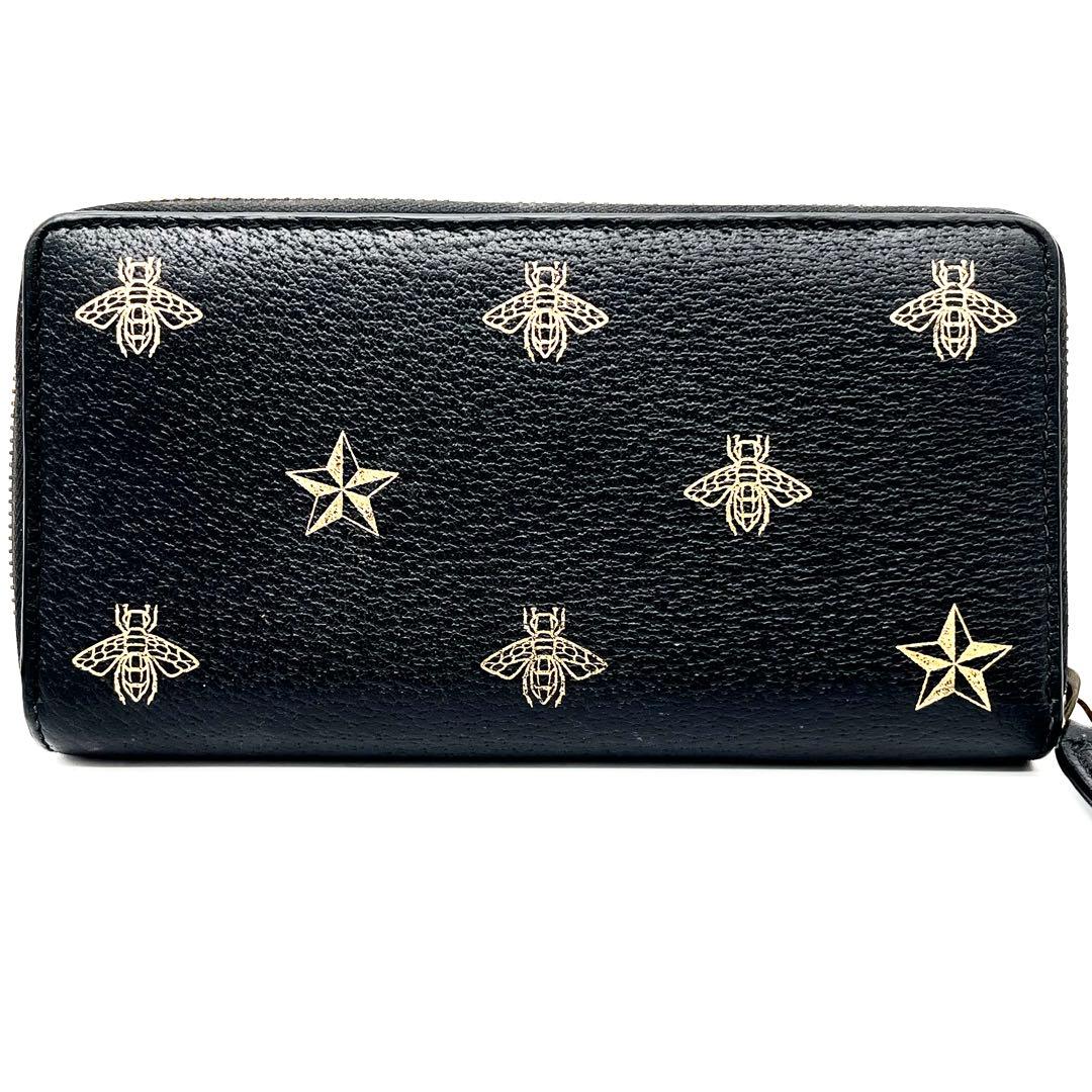 極美品GUCCI ラウンドファスナー　アニマリエ ビー スター レザー 黒