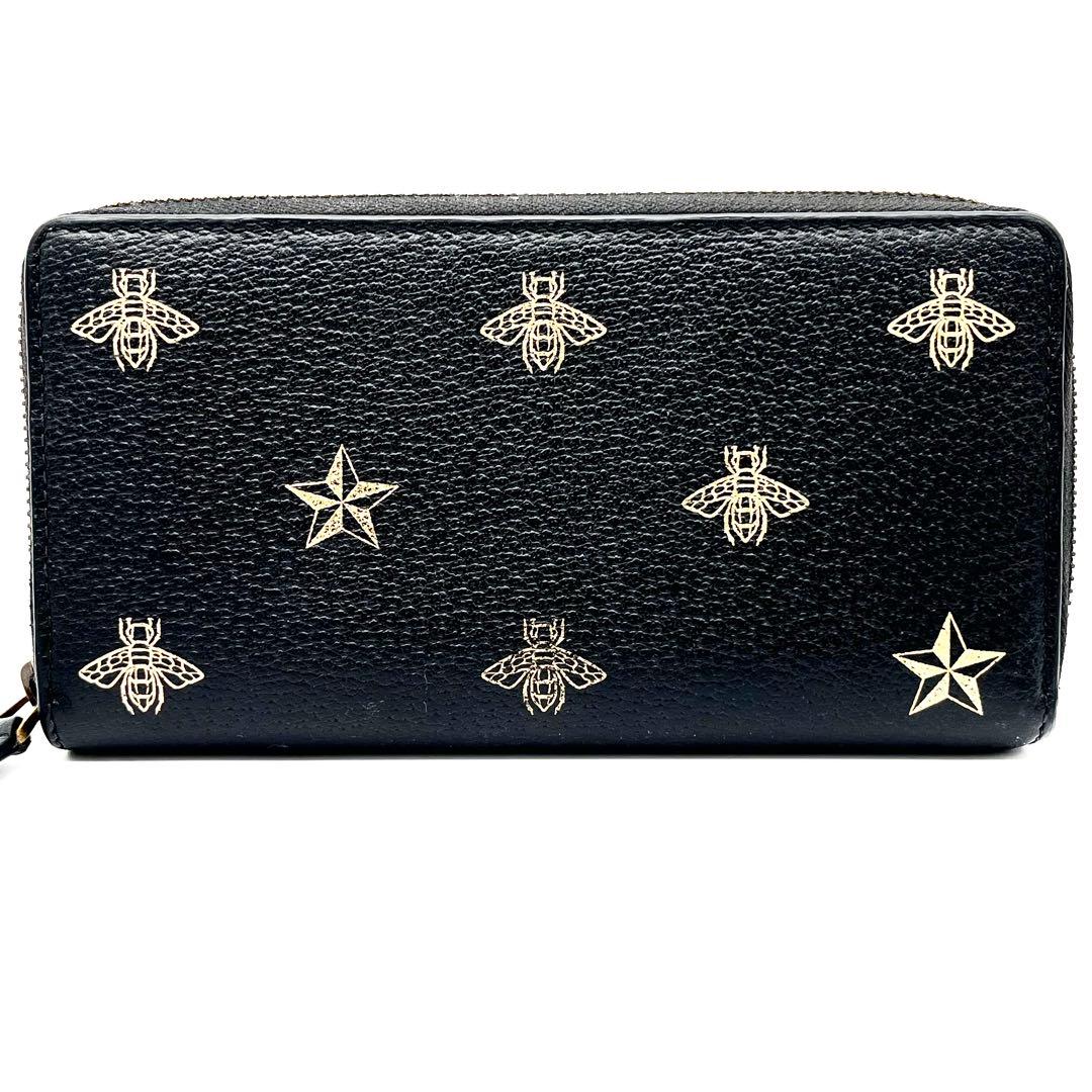 極美品GUCCI ラウンドファスナー　アニマリエ ビー スター レザー 黒