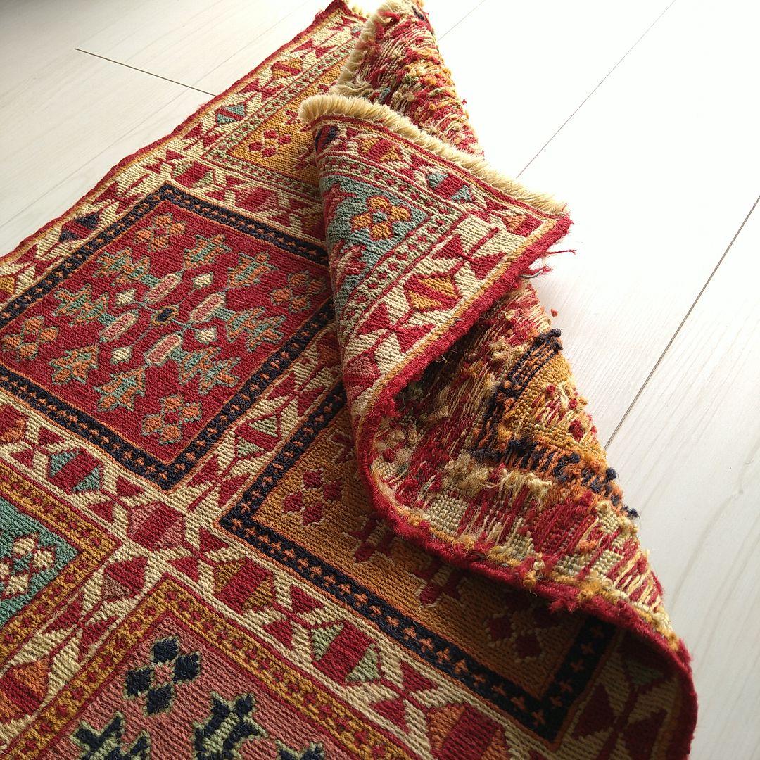 スマック織り キリム 98×52cm ８スクエア 自然モチーフ模様 ペルシャ絨毯