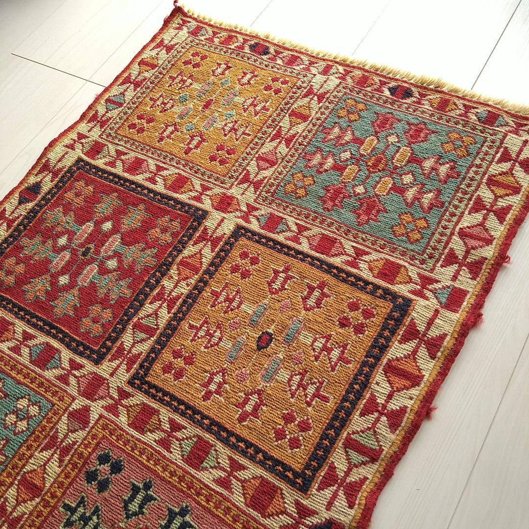 スマック織り キリム 98×52cm ８スクエア 自然モチーフ模様 ペルシャ絨毯