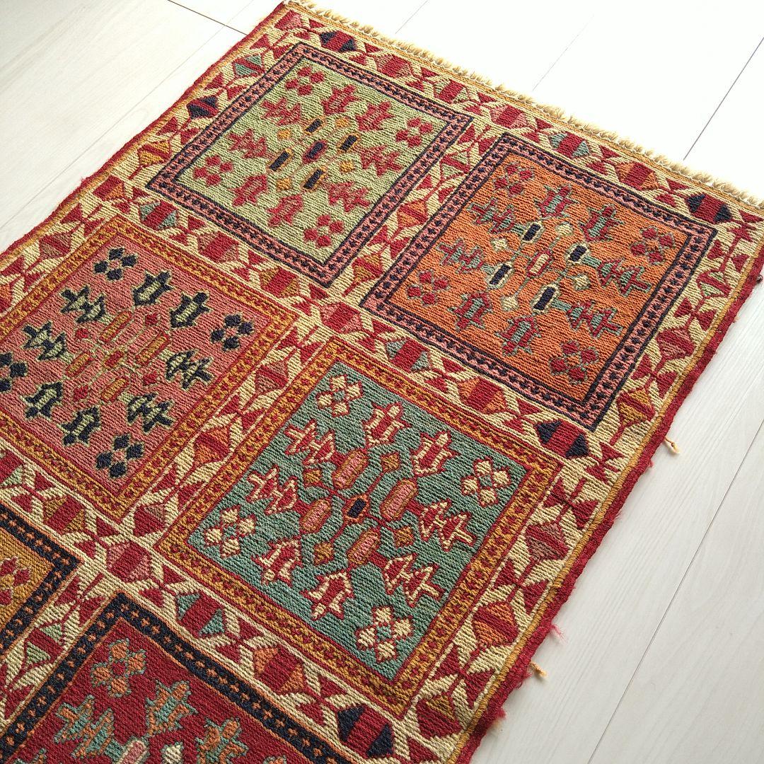 スマック織り キリム 98×52cm ８スクエア 自然モチーフ模様 ペルシャ絨毯