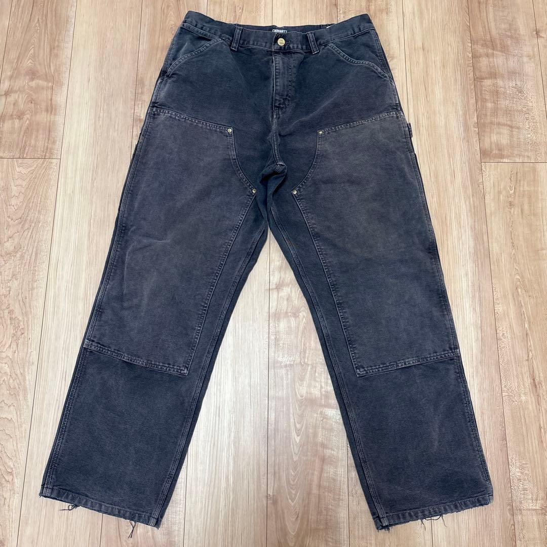 色落ち カーハート WIP ダブルニーパンツ W34 ブラックグレイ