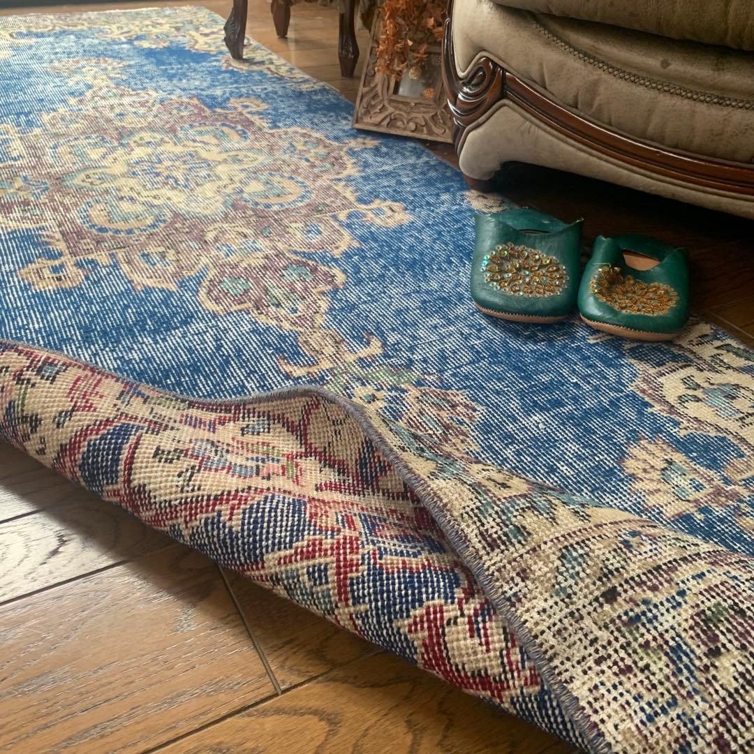 トルコヴィンテージラグ　ロングランナー　220×72.5 ネイビーブルー