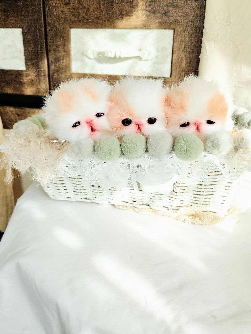 子猫ベビー♡三つ子ちゃん♡カゴセット♡アートドール♡ぬいぐるみ♡