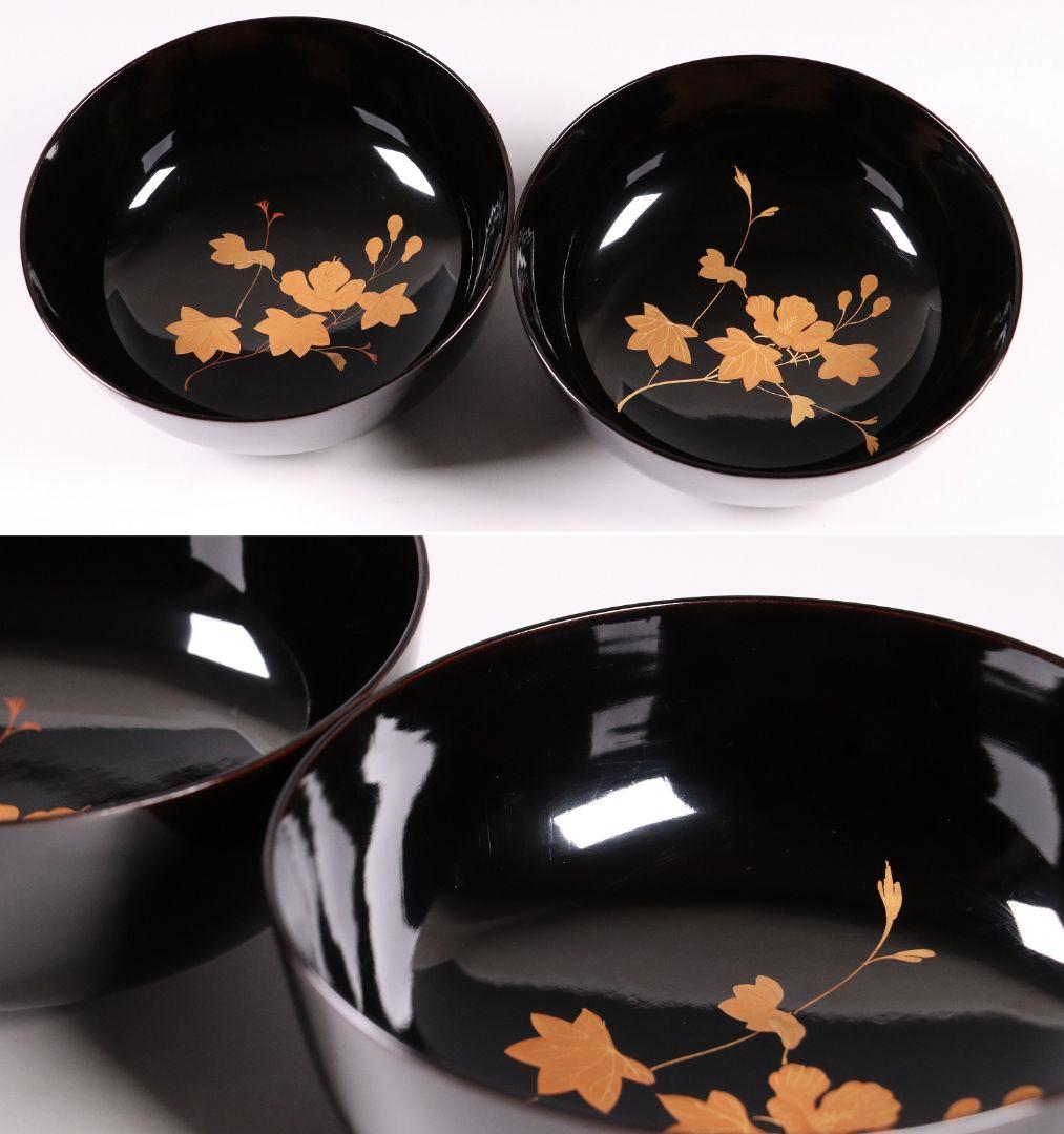 CL31 輪島塗 諫鼓鶏金蒔絵 黒塗椀 二客 木製漆器 鶏 太鼓 草花 梨地