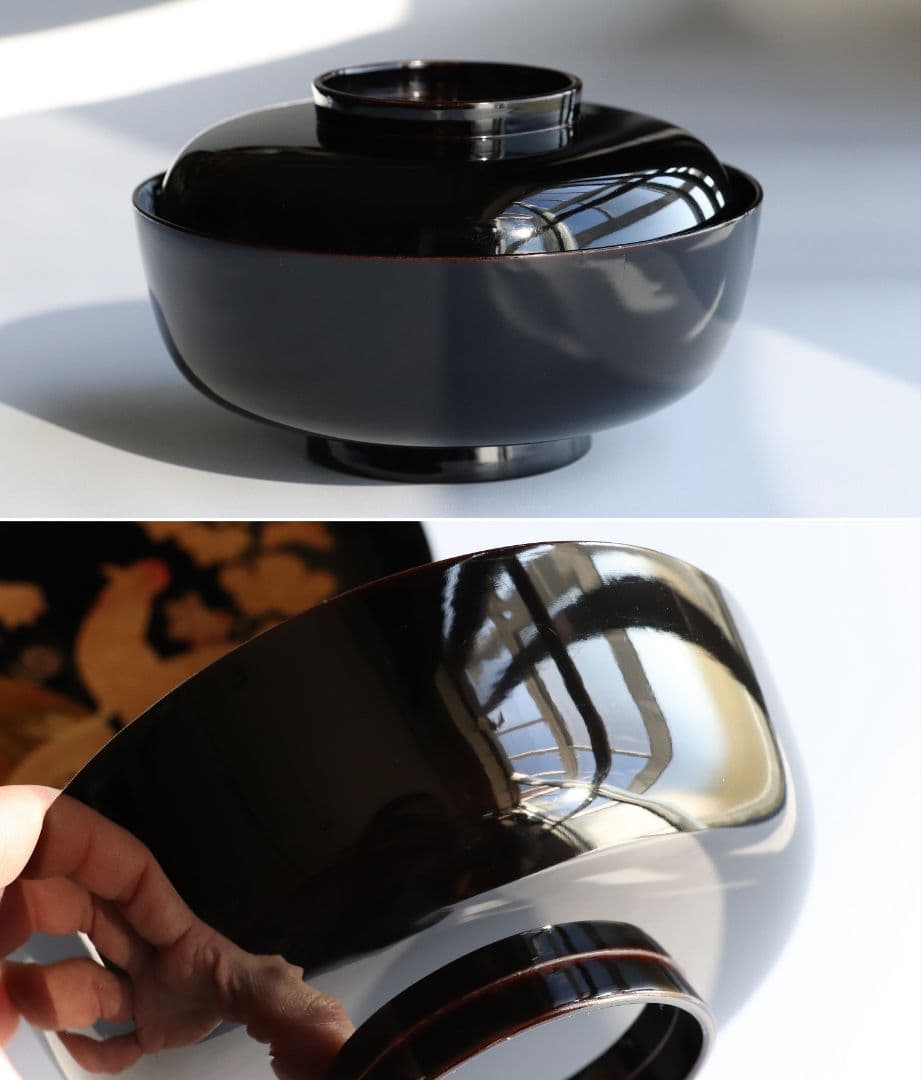 CL31 輪島塗 諫鼓鶏金蒔絵 黒塗椀 二客 木製漆器 鶏 太鼓 草花 梨地