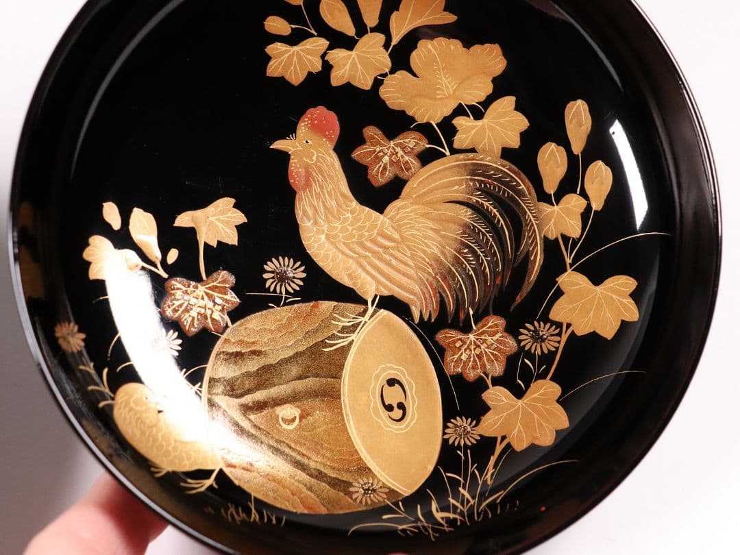 CL31 輪島塗 諫鼓鶏金蒔絵 黒塗椀 二客 木製漆器 鶏 太鼓 草花 梨地