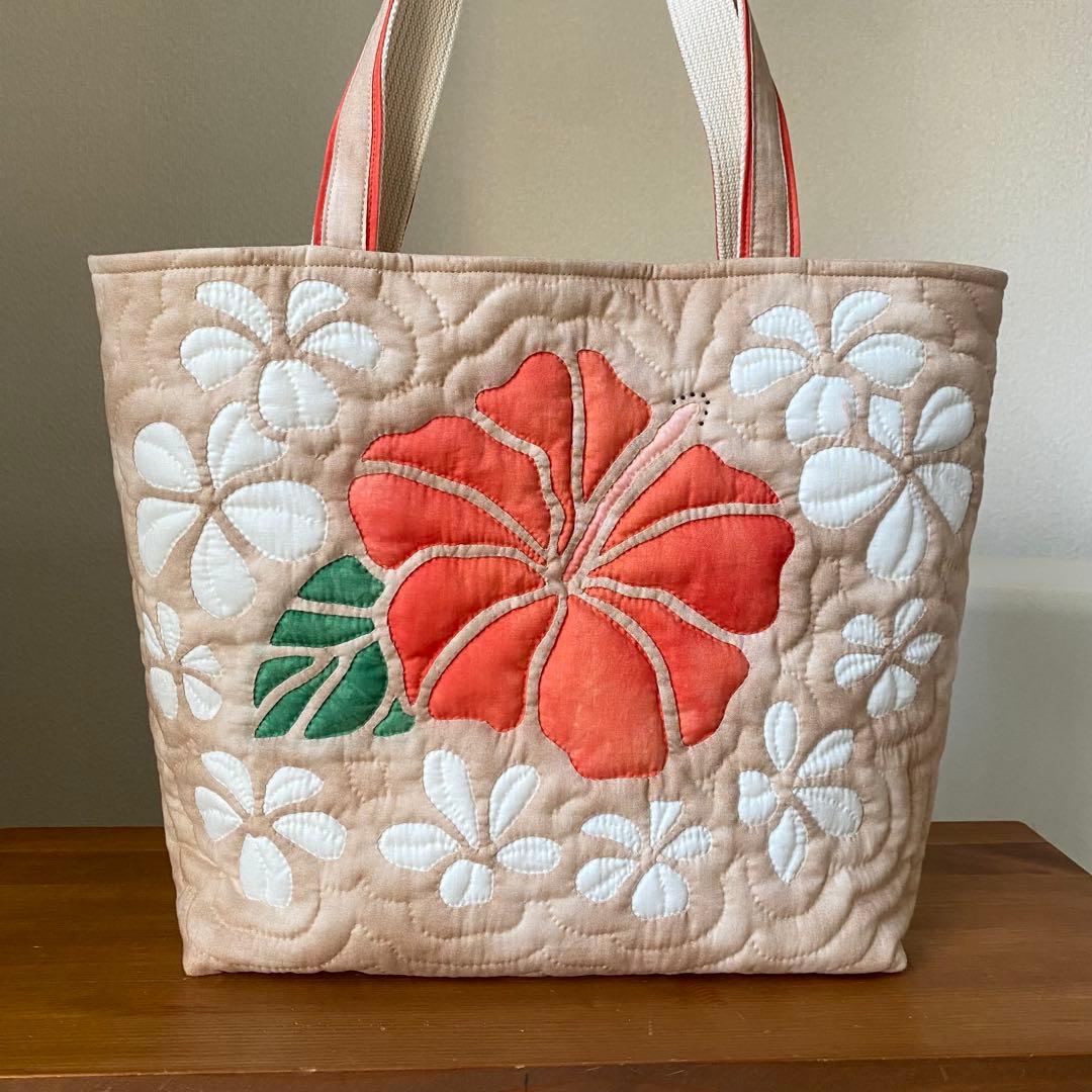 ハワイアンキルト◆トートバッグ◆ハイビスカス&プルメリア◆ハンドメイド