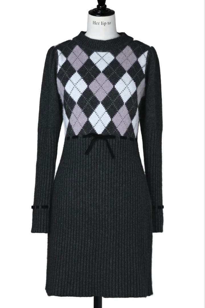 ワンピース Herlipto Moor Argyle Ribbon Knit Dress M
